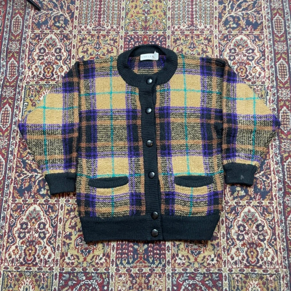 VTG 80s 90s Uno & Una Plaid Chunky Knit Cardigan‎ Sweater Purple Black Medium